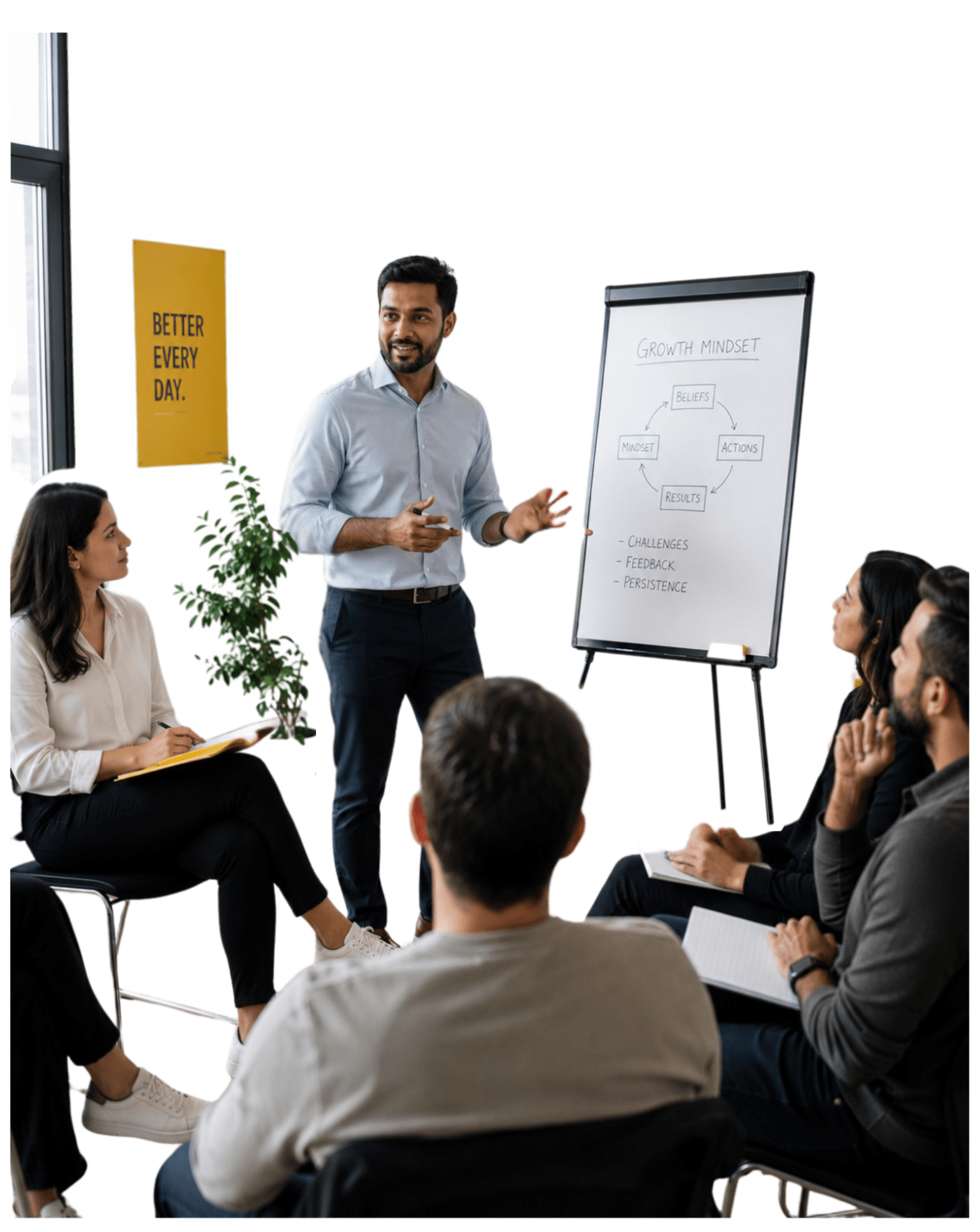A business coach leading a small group coaching session